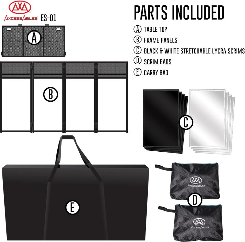 Photo 2 of AxcessAbles Portable DJ Facade Booth with Black and White Lighting Scrims, Carry Cases | Standing DJ Table - 40" x 20" | DJ Controller Stand | Recording Mixer Stand| DJ Booth (ES-01)
