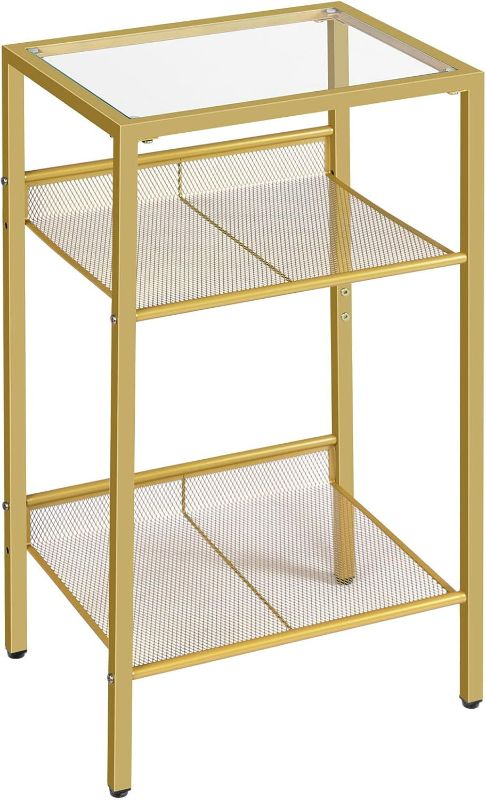 Photo 1 of HOOBRO Tall End Table, Gold Side Table with Mesh Shelves, 3-Tier High Sofa Side Table with Tempered Glass Top, Telephone Table, Bedside Table for Living Room, Bedroom, Gold GD04DH01
