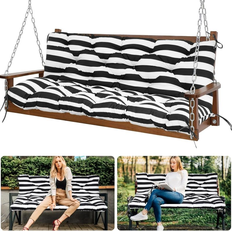 Photo 1 of Porch Swing Cushions Waterproof Thicker 5" Outdoor Swing Cushions with Backrest 60x40in 2-3 Seater Bench Replacement Cushions for Outdoor Furniture Porch Patio Garden-Black White Stripes
