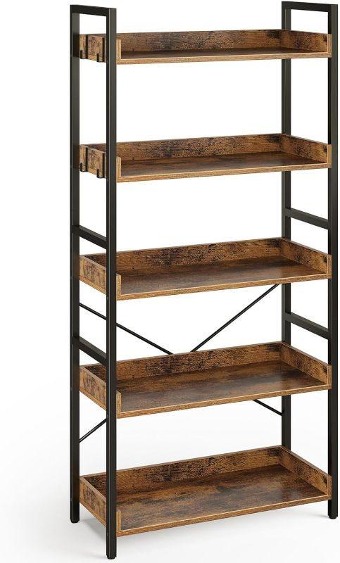 Photo 1 of Rolanstar Bookshelf 5 Tier with 4 Hooks, Industrial Wood Bookcase, Vintage Storage Rack with Open Shelves, Rustic Standing Bookshelves Display Rack for Living Room, Bedroom, Rustic Brown
