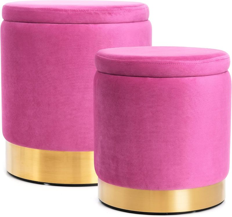 Photo 1 of BRIKY Round Storage Ottoman, Rose Red Velvet Ottoman with Storage for Living Room, Upholstered Ottoman Foot Rest Stool with Gold Plating Base, Pack of 4 Vanity Accent Chairs for Bedroom
