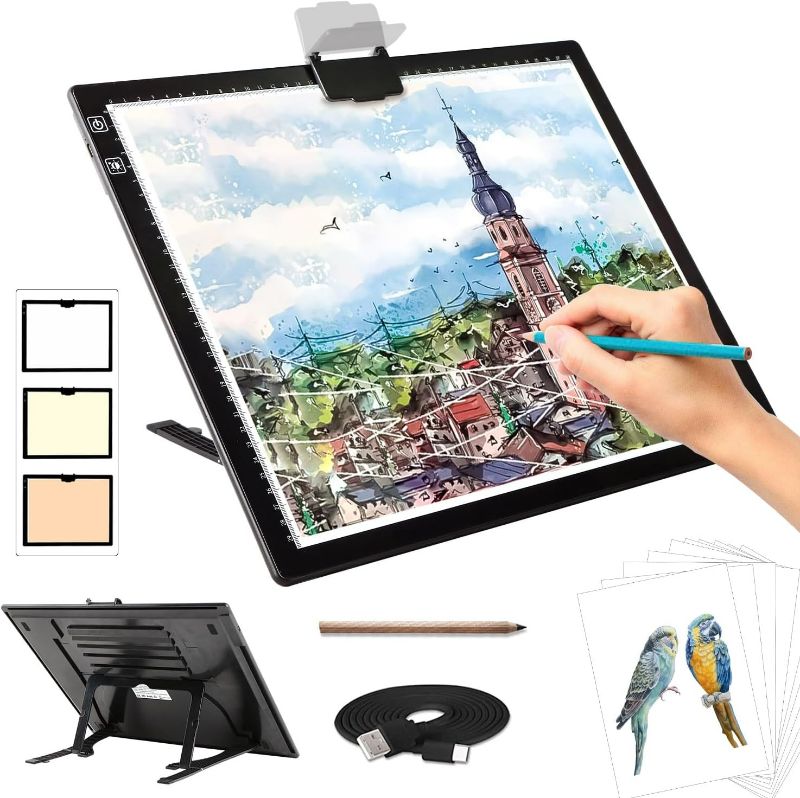 Photo 1 of Rechargeable A3 Light Pad for Diamond Painting,Tracing Light Box with Stand and Clip,3 Colors Stepless Dimmable and 6 Levels of Brightness Light Board for Artists,Drawing,Sketching,Animation
