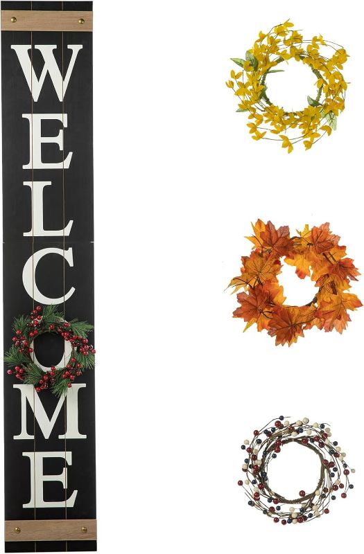 Photo 1 of Glitzhome Welcome Sign for Front Door Porch Wooden Welcome Porch Sign with 4 Interchangable Wreathes for Spring Patriotic Fall Christmas, 60" H, Black
