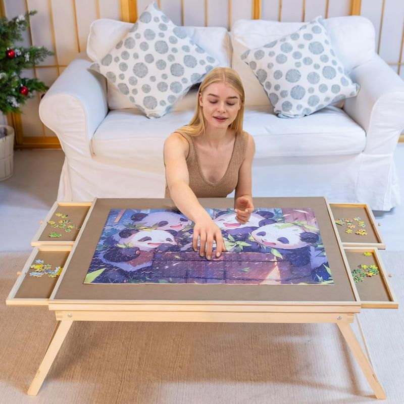 Photo 1 of 1000 Piece Wooden Folding Puzzle Table with Legs, 22" x 30" Jigsaw Puzzle Board with 4 Drawers and Protective Cover Portable Jigsaw Puzzle Table for Adults and Teens