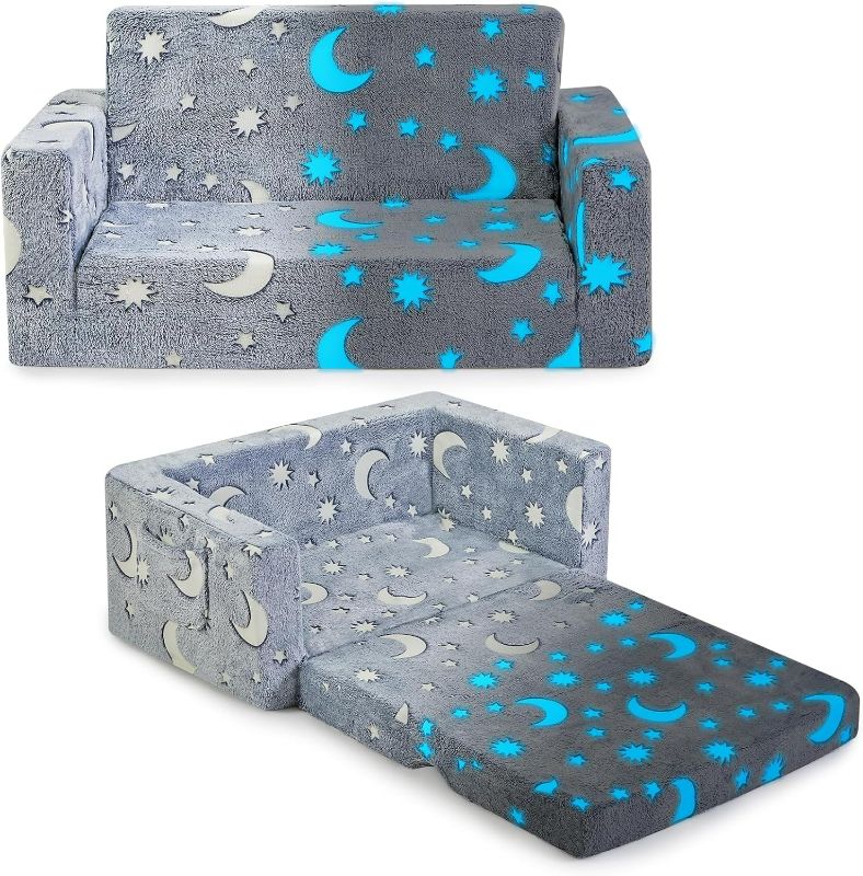 Photo 1 of oddler Couch, Toddler Chair Folding, Kids Couch 2 in 1, Kids Sofa for Playroom-Extra Soft 2 Seats, Glow in The Dark Open Couch, Gifts for Kids, Sleeper for Girls Boys, Grey Blue