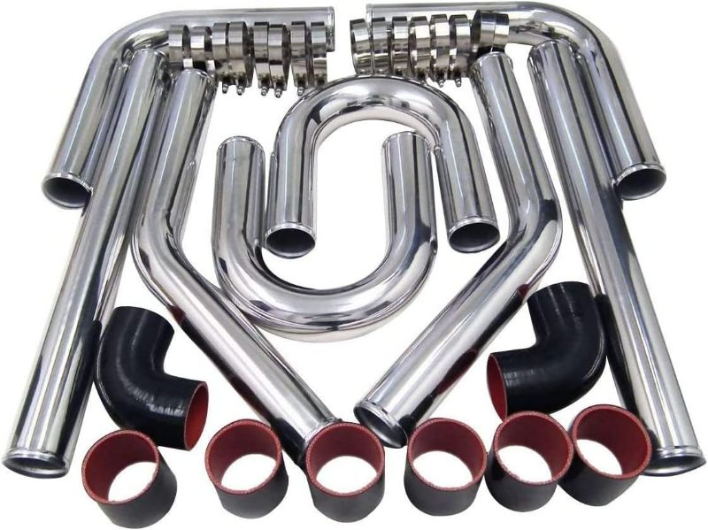 Photo 1 of Universal Turbo Intercooler Aluminum Pipe Piping and Silicone Hose Kit w/Stainless Steel T-Clamps(3inch,Black&Red)