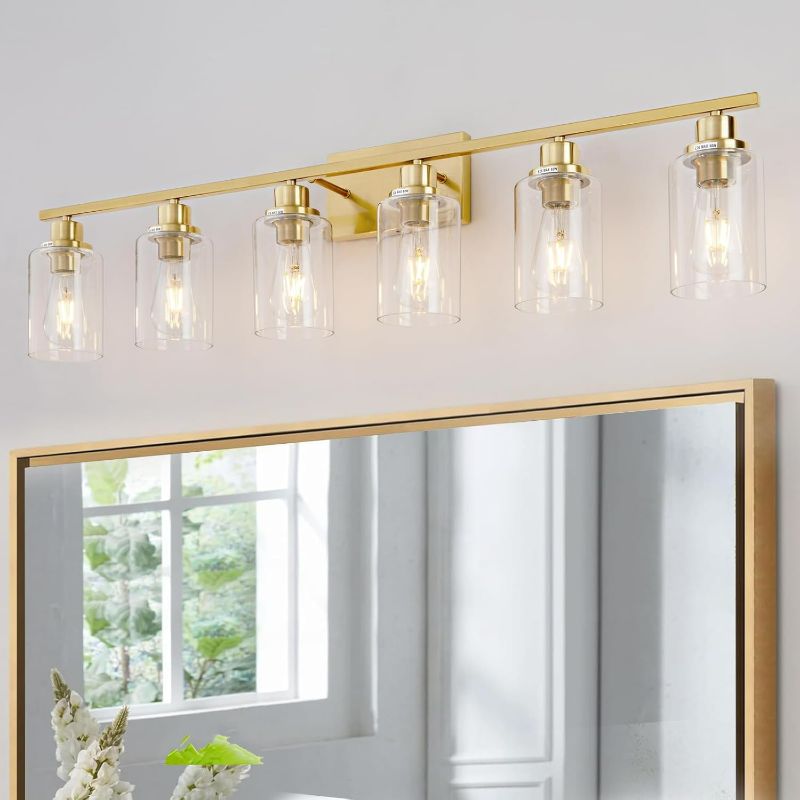 Photo 1 of 6 Light Gold Bathroom Light Fixtures Brushed Brass Vanity Light Over Mirror Modern Wall Lighting Sconces Wall Lamp for Bathroom, Bedroom, Living Room E26 Socket with Glass Shade