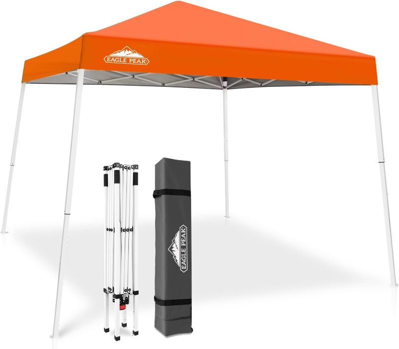 Photo 1 of EAGLE PEAK Slant Leg Pop up Canopy Tent, Easy One Person Setup Instant Outdoor Beach Canopy Folding Portable Sports Shelter, 10x10 Base 8x8 Top, Orange