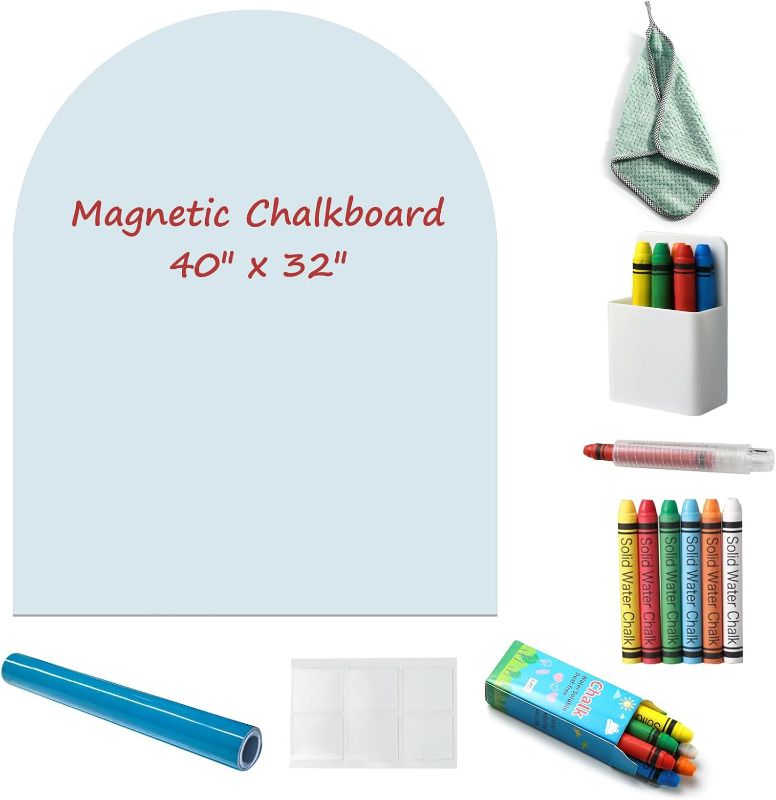 Photo 1 of Magnetic Chalkboard Wall Decal 40"x32" - Includes Wipe Cloth, Chalk Holder, 6 Dust-Free Chalks, Peel and Stick Blackboard for Kids Playroom, School, Home Decor (Light Blue)