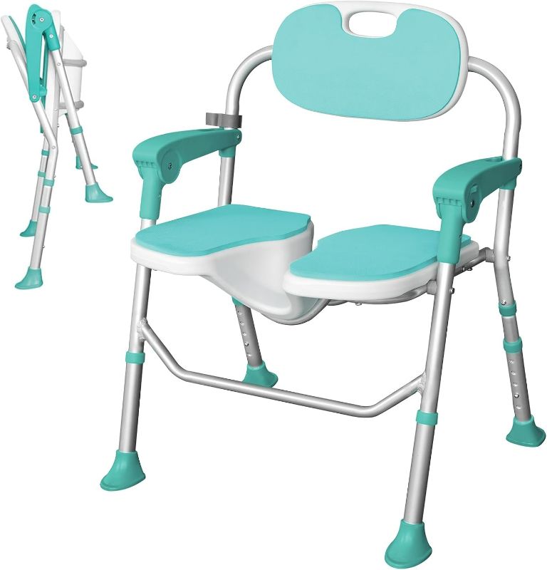 Photo 1 of Shower Chair with Arms and Back, Folding Shower Chair 5-Level Height, Non-Slip Feet Shower Seat Cutout for Private Washing for Elderly, Disabled, Pregnant, Adult, Foldable Shower Chair