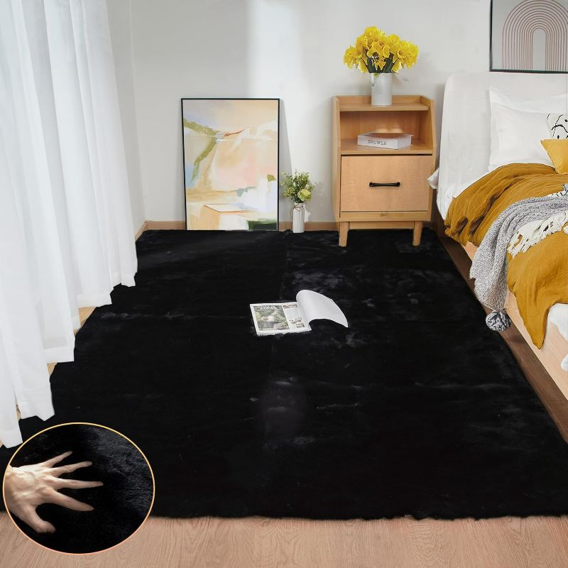 Photo 1 of Black Fluffy Rug 5x7 Area Rugs for Bedroom Fuzzy Rabbit Washable Fur Rugs for Living Room Teen Room Nursery Rectangle Rug