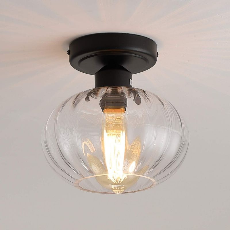 Photo 1 of Industrial Glass Flush Mount Light Fixture Clear Glass Shade Rustic Semi Flush Mount Ceiling Light for Hallway Entryway Kitchen Farmhouse, Black