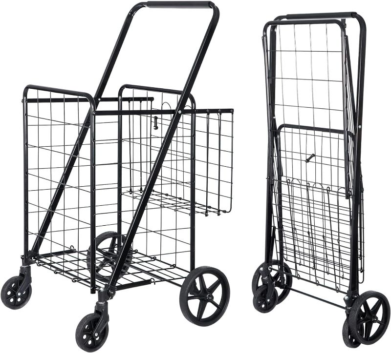 Photo 1 of SUPER DEAL Folding Shopping Cart with Wheels and Double Basket for Groceries Laundry Book Luggage Travel, Black