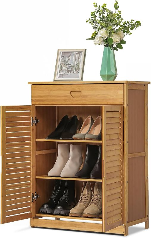 Photo 1 of Athena Collection 26" Bamboo Shoe Cabinet Shoe Rack w/Drawer and Double Shutter Doors, Freestanding Shoe Storage Shoe Organizer Shelf for 9 Pairs Shoes Hallway Entryway Bedroom Living Room, Natural