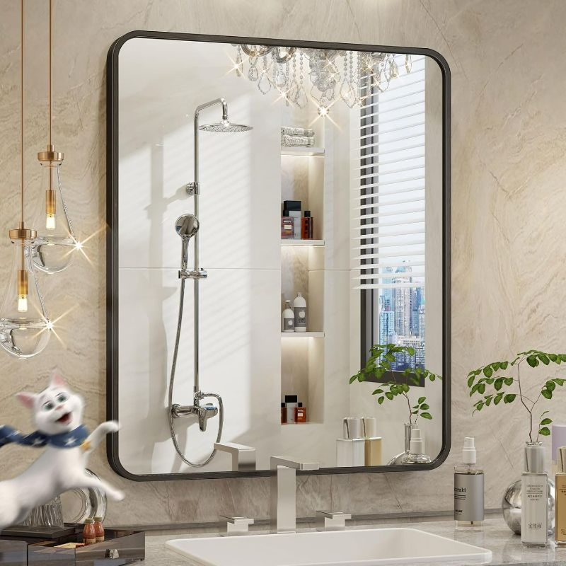 Photo 1 of 24"x30" Black Bathroom Mirror for Over Sink, Dresser, Rectangle Wall Mirror, Wall-Mounted Metal Framed Rectangular Mirror for Bathroom Vanity Restroom Entryway Hallway Bedroom Living Room