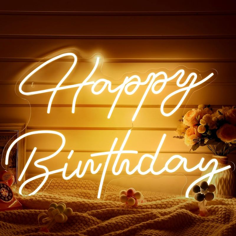 Photo 1 of 30" x 21" Large Happy Birthday Neon Sign LED Neon Light Signs with Dimmable Switch 12V Power Adapter Chain Reusable Happy Birthday Decorations for Party Room Wall Art Backdrop (Warm White)