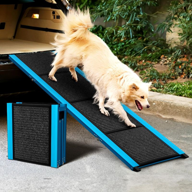 Photo 1 of Folding Dog Ramp for Car - 71" x 17 ¼" Pet Ramps with 250lbs Max Cap, Unique Blue Design & Plush Carpet - Nonslip Dog Car Ramp for Small to Large Pets, Portable Dog Ramp for Truck Bed Couch