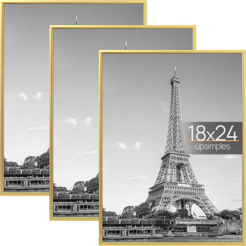 Photo 1 of upsimples 18x24 Frame Gold 3 Pack, Poster Frames 18 x 24 for Horizontal or Vertical Wall Mounting, Scratch-Proof Wall Gallery Photo Frame ( missing one frame)