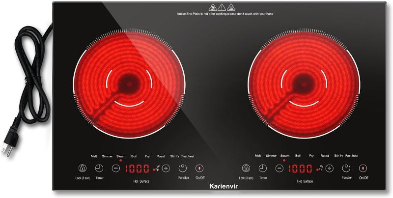 Photo 1 of 2 Burner Electric Cooktop 110v, 24 Inch Electric Stove Countertop & Built-in, Plug-in Electric Cooktop with 9 Power Levels, Sensor Touch Control, Safety Lock, Timer, 2000W, Karienvir