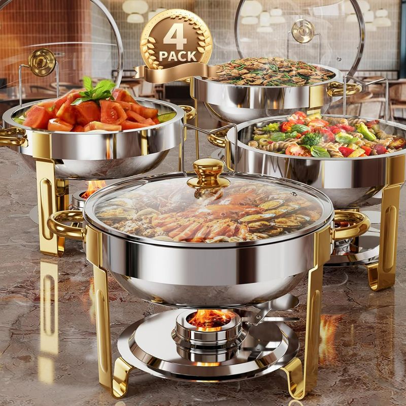 Photo 1 of Chafing Dishes for Buffet Set 4 Pack, 5QT [95% Pre-Assembled] Round Chafing Dish Buffet Set with Glass Lid & Lid Holder, Stainless Steel Chafers Food Warmers Trays for Parties Catering Wedding