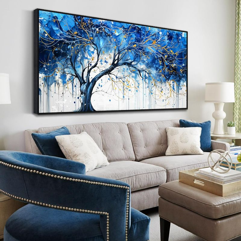 Photo 1 of Tree Theme Pictures for Wall Decor - Blue Living Room Wall Art - Large Black Framed Wall Art Size 29" x 59"