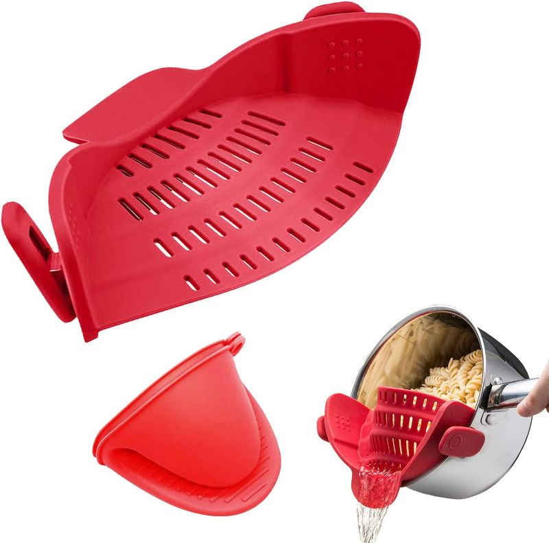 Photo 1 of Food Strainer & Mitts - Clip-on Heat Resistant Adjustable Strainer for Pots, Pans, and Bowls - Kitchen Strainer for Food, Pasta, Vegetables and Fruits with two heat resistant silicone mitts - Red