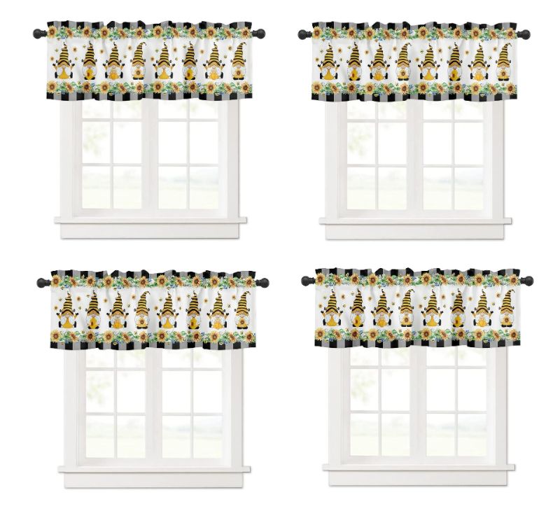 Photo 1 of 4 Pack Window Valance Rod Pocket Short Curtain Panels Farm Bee Gnomes with Honey Sunflower Kitchen Valances Curtains,Country Floral Lace Buffalo Plaid Edge Window Treatments Drapes for Bedroom 54x18in