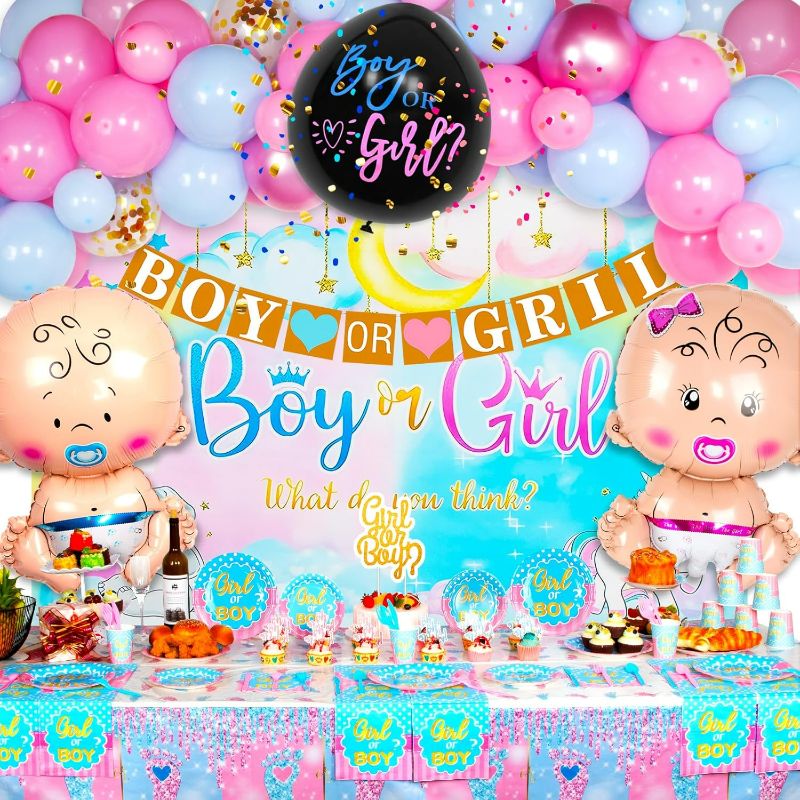 Photo 1 of Baby Gender Reveal Decorations Kit, Boy or Girl Gender Reveal with Gender Reveal Balloon, Gender Reveal Backdrop, Tablecloth, Banner, Gender Reveal Party Supplies Plates Napkins