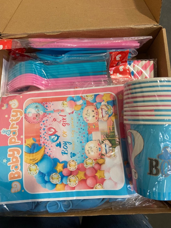 Photo 2 of Baby Gender Reveal Decorations Kit, Boy or Girl Gender Reveal with Gender Reveal Balloon, Gender Reveal Backdrop, Tablecloth, Banner, Gender Reveal Party Supplies Plates Napkins