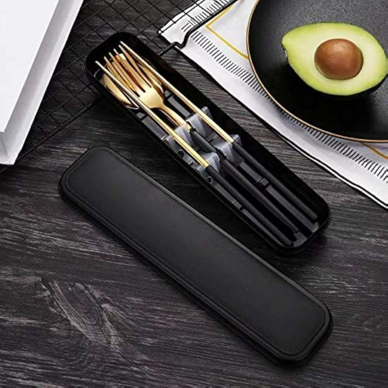 Photo 1 of 4 Pcs Portable Stainless Steel Tableware Set, Dishwasher Safe Reusable Flatware Cutlery Set, Include Fork Spoon Chopsticks with box (Golden black)