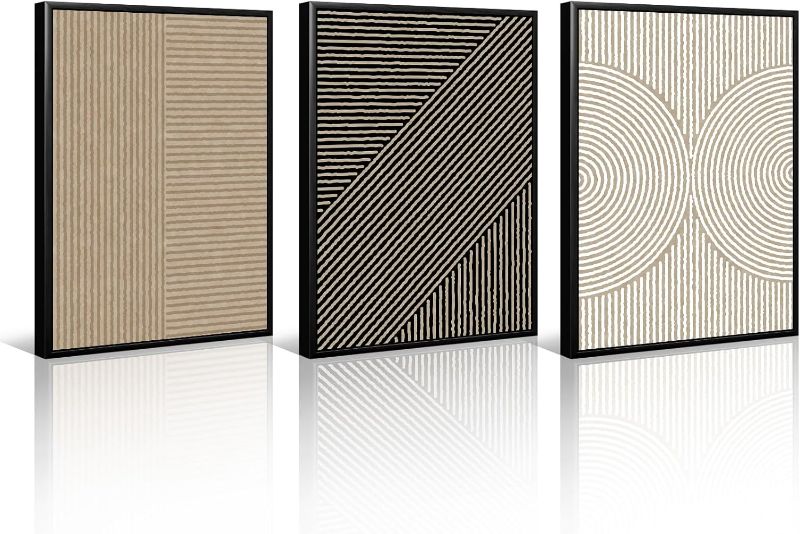 Photo 1 of Boho Modern Wall Art Pictures Neutral Abstract Canvas Wall Decor Minimalist Line Wall Art Beige Brown Black Poster Mid Century Painting Artwork for Living Room Bedroom 16x24 Inch Framed Set of 3