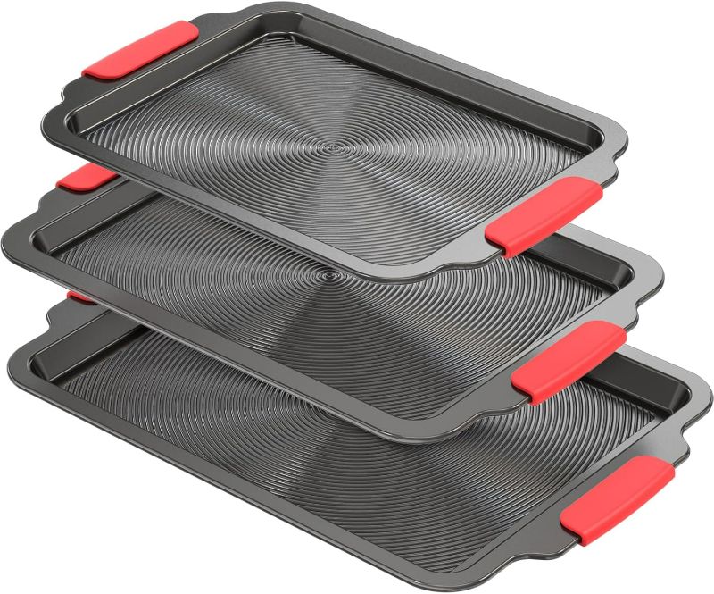 Photo 1 of 3-Piece Baking Sheet Set with Circle Grooves,Nonstick Cookie Sheets/Baking Trays for Baking & Roasting,Heavy Duty Bakeware with Half/Quarter/Jelly Roll Pans,PFAS/PTFE Free,Gray with Red Grips