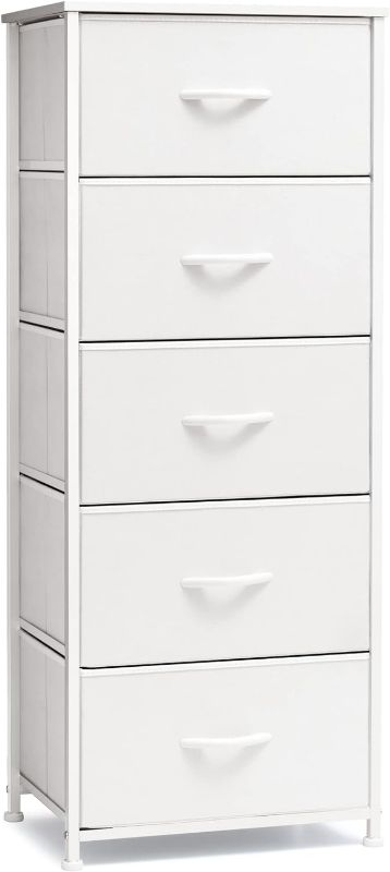 Photo 1 of Crestlive Products Tall Dresser Vertical Storage Tower - Sturdy Steel Frame, Wood Top, Easy Pull Fabric Bins - Organizer Unit for Bedroom, Hallway, Entryway, Closets - 5 Drawers(White)