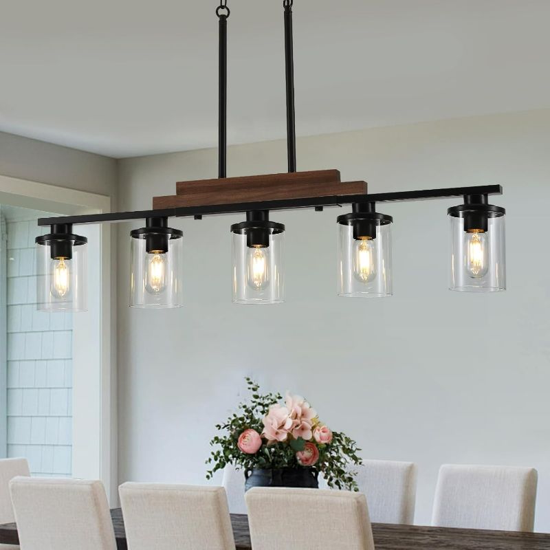 Photo 1 of Dining Room Light Fixture Over Table,Farmhouse 5-Light Kitchen Island Lighting, Linear Chandelier with Clear Glass Shades, Modern Rustic Wood Chandelier with Adjustable Height