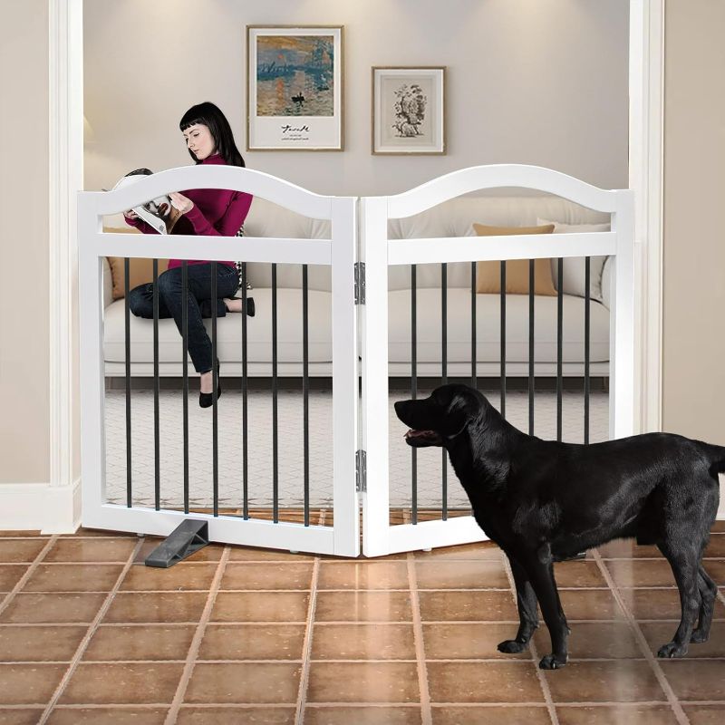 Photo 1 of ZJSF Freestanding Foldable Pet Gate Indoor, Dog Gate for Doorways, Dog Fence for The House, Sturdy Wood Puppy Gate for Stairs, White Dog Gates with Support Feet for Hallways, 24 "Height-2 Panels