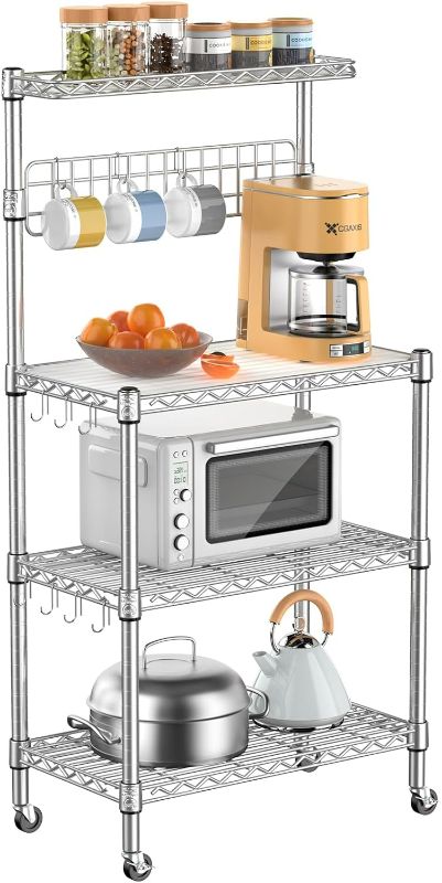 Photo 1 of Leteuke Bakers Rack for Kitchen with Storage, NSF Certified 4-Tier Adjustable Coffee Bar with Wheels 10 S-Hooks Microwave Stand Kitchen Storage Shelf Metal Storage Rack 30 x 14 x 59 Inches, Chrome