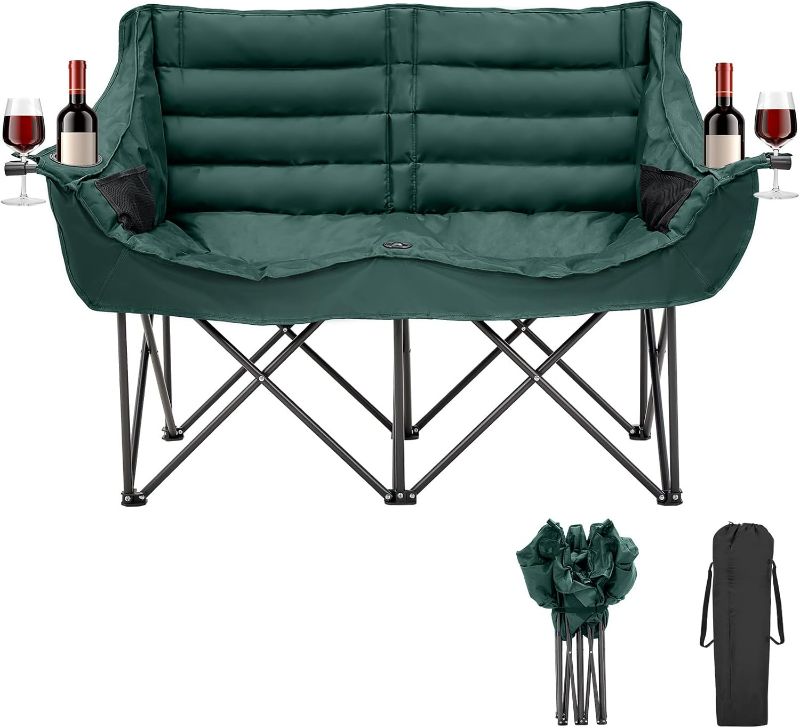 Photo 1 of Double Camping Chair for Adults, 2 Person Loveseat Camping Chair with Cup & Wine Glass Holder, Portable Padded Double Folding Lawn Chair for Outdoor Camp Picnic Sports, Support 600LBS (Green)