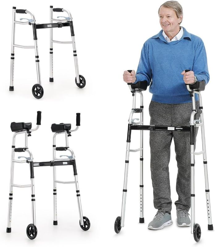 Photo 1 of OasisSpace Folding Walker - Standard Walker with 5’’ Wheels and Removable Padded Armrests 300lbs, Platform Walker with Arm Support for Senior, Handicap & Disabled