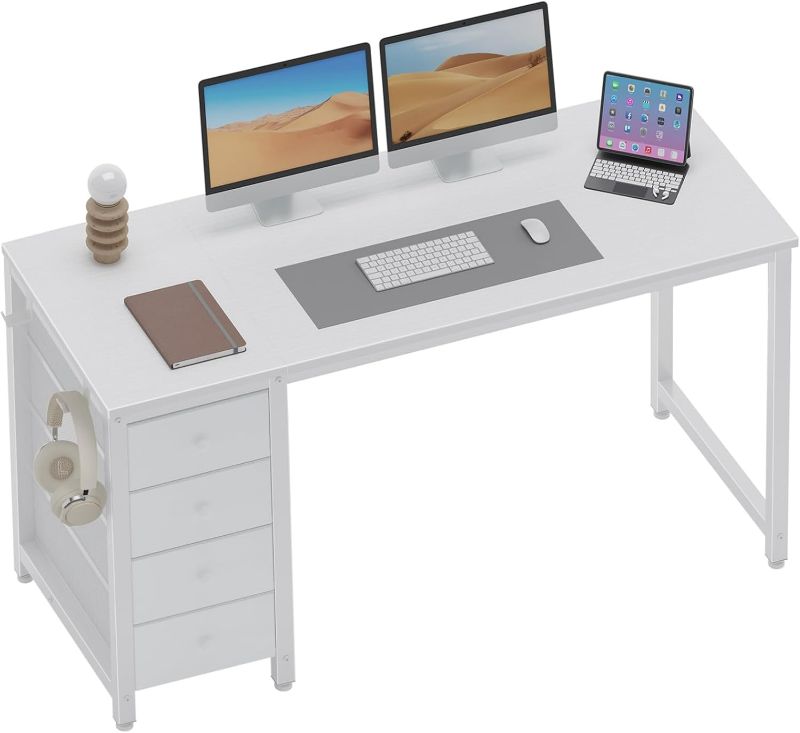 Photo 1 of Lufeiya White Computer Desk with Drawers - 55 Inch Long Study Work Writing Desk for Home Office Bedroom, Simple Modern Cute PC Desks with Fabric Drawer, White