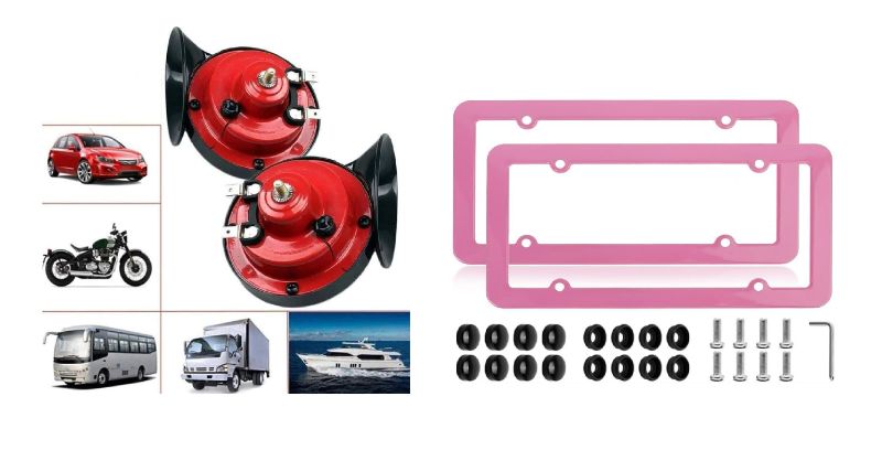 Photo 1 of NUENUN 2 pcs 300 DB Super Loud Train Horn 12 V Waterproof & 2 Pack Matte Pink Weather Proof Steel License Plate Frames
