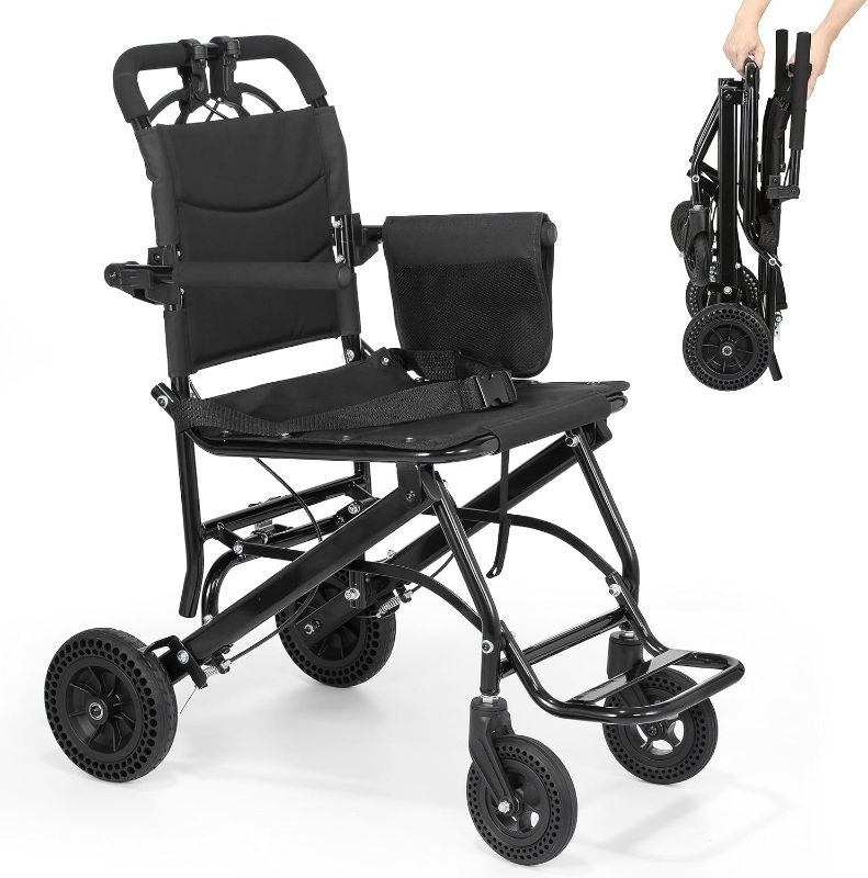 Photo 1 of Dyna-Living Lightweight Folding Transport Wheelchair with Handbrakes Portable Travel Wheelchair for Seniors and Adults with Honeycomb Tires and Double-Sided Travel Bag (Only 16.7 LBS, Holds 220 LBS)