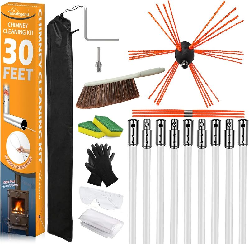 Photo 1 of Sealegend 30 Feet Chimney Sweep Kit Chimney Brush Chimney Cleaning Kit and Rotary Chimney Cleaning System Fireplace Brush Tool with 9 Nylon Flexible Rods