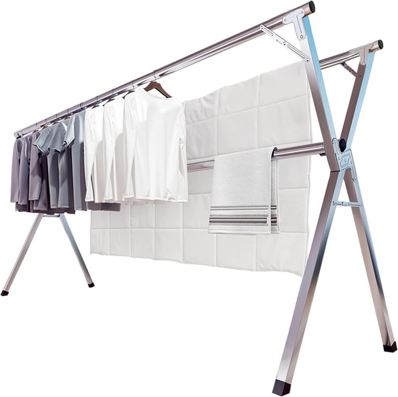 Photo 1 of JAUREE 63 Inches Clothes Drying Rack, Stainless Steel Garment Rack Adjustable and Foldable Space Saving Laundry Drying Rack for Indoor Outdoor with 20 Windproof Hooks