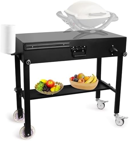 Photo 1 of Outdoor Grill Table Stand, Folding Grill Carts, Portable Blackstone Griddle Stand with Shelf,Stable Outdoor Cooking Prep Table with Wheels for BBQ, Camping and Parties