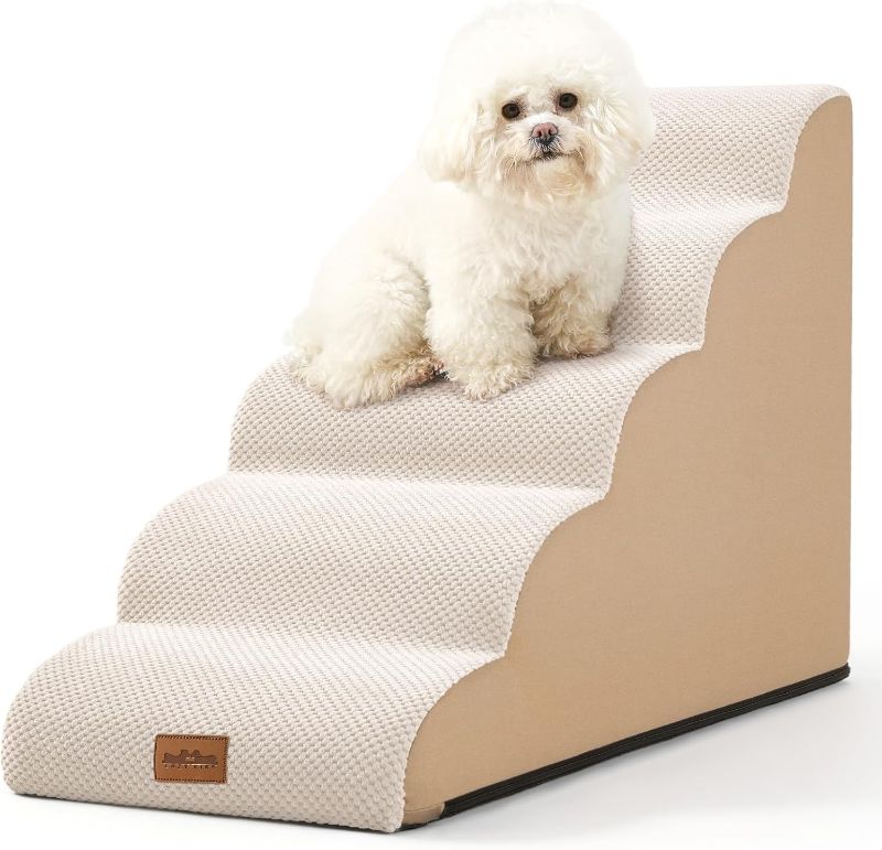 Photo 1 of Dog Stairs for High Bed 22.6" H, Small Pet Steps with Leakproof Cover, High Density Foam Cat Ramp for Bed, Car or Couch, Lightweight, Durable, Comfort, 15.7x33x22.6 inch, 5 Tiers, Beige