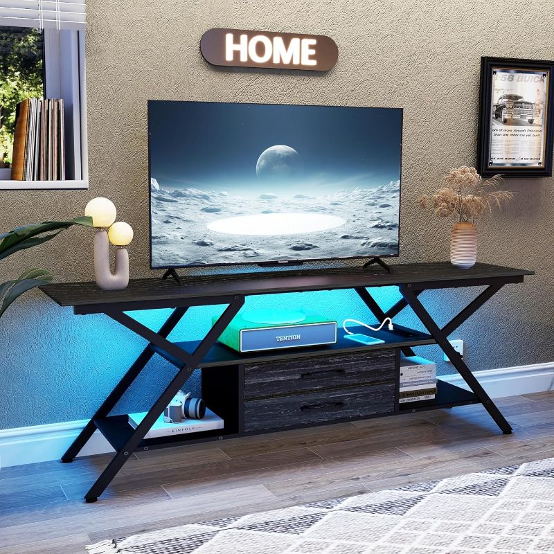 Photo 1 of Modern 55" TV Stand with Power Outlet for TV up to 65 Inch, LED and 2 Storage Fabric Drawers, Entertainment Center with Charging Station for Living Room Bedroom (Charcoal Black)