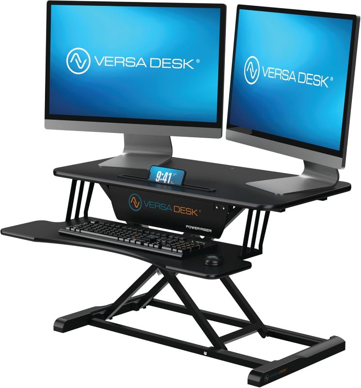 Photo 1 of VERSADESK PowerRiser 32" Electric Standing Desk Converter, Sit to Stand Up Height Adjustable Desk Riser, 2-Tier Tabletop Laptop and Dual Monitor Desktop Workstation with Wide Keyboard Tray, Black