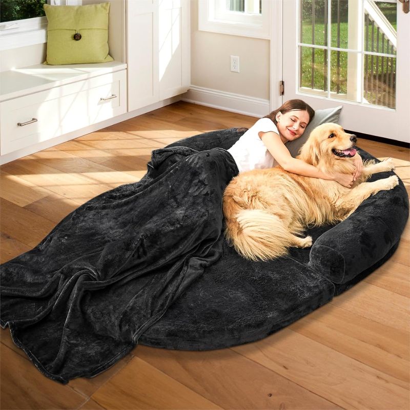 Photo 1 of Human Dog Bed for Adult People, Large Gaint Shared Bed Foldable Adjustable Flufelbed Standard Cloud Bed with Memory Foam,Fluffy Faux Fur Orthopedic Nap Dog Bean Bag Sleeping Bed with Black Blanket