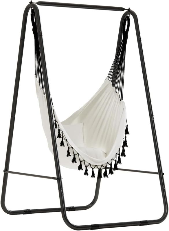 Photo 1 of Hammock Chair with Stand, Swing Stand with Hanging Swing Chair, Heavy-Duty Steel Hammock Stand with 2 Hooks for Indoor Outdoor, Swing Chair Included, Max Load 450lbs (White)