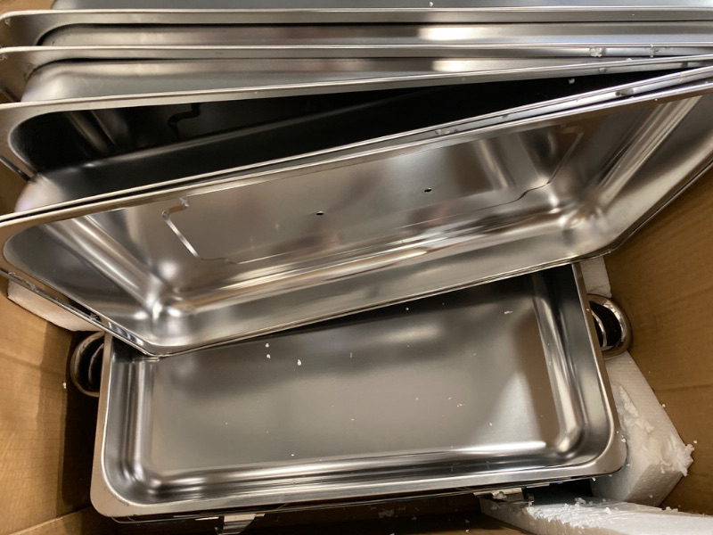 Photo 2 of Chafing Dish Buffet Set, 8 Qt 6 Pack, Stainless Chafer with 6 Full Size Pans, Rectangle Catering Warmer Server with Lid Water Pan Folding Stand Fuel Holder Tray Spoon Clip, at Least 8 People Each